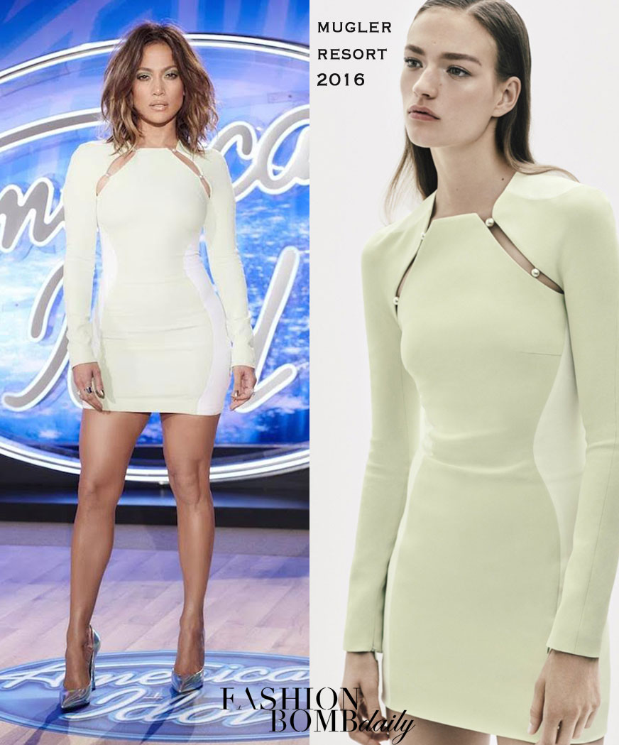 Jennifer Lopez Wears Mugler Resort 2016 White Long Sleeve Cady Cut Out Dress  and Casadei Silver Blade Pumps on American Idol Thi, The Fashion Bomb Blog