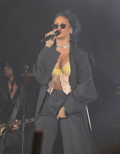 2 Rihanna Wears Y:Project Pinstriped Jacket and Pants to The We Can Survive Benefit Concert for Breast Cancer Awareness