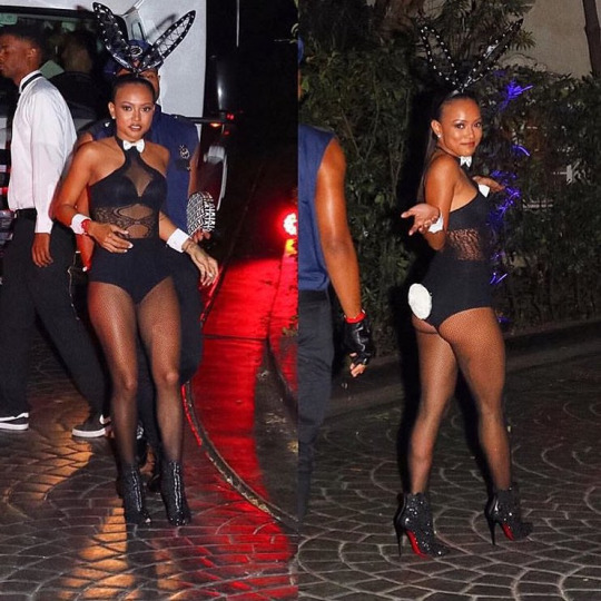 Karrueche Tran went to a pre-Halloween party in a Playboy Bunny costume and Christian Louboutin booties