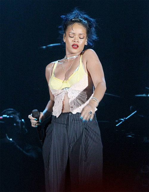 Rihanna Wears Y:Project Pinstriped Jacket and Pants to The We Can Survive Benefit Concert for Breast Cancer Awareness
