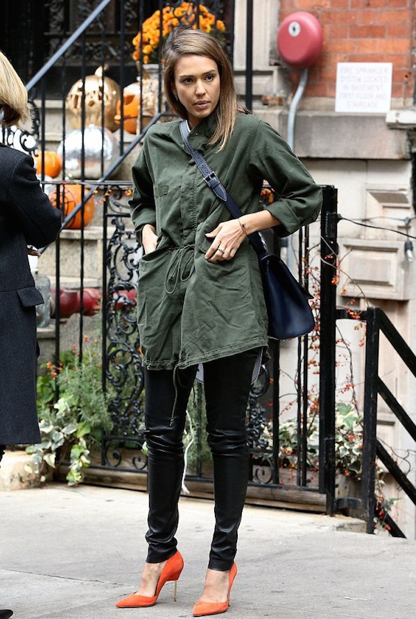 Look For Less: Jessica Alba's New York City The Great Fishtail Military  Drawstring Waist Parka, The Fashion Bomb Blog