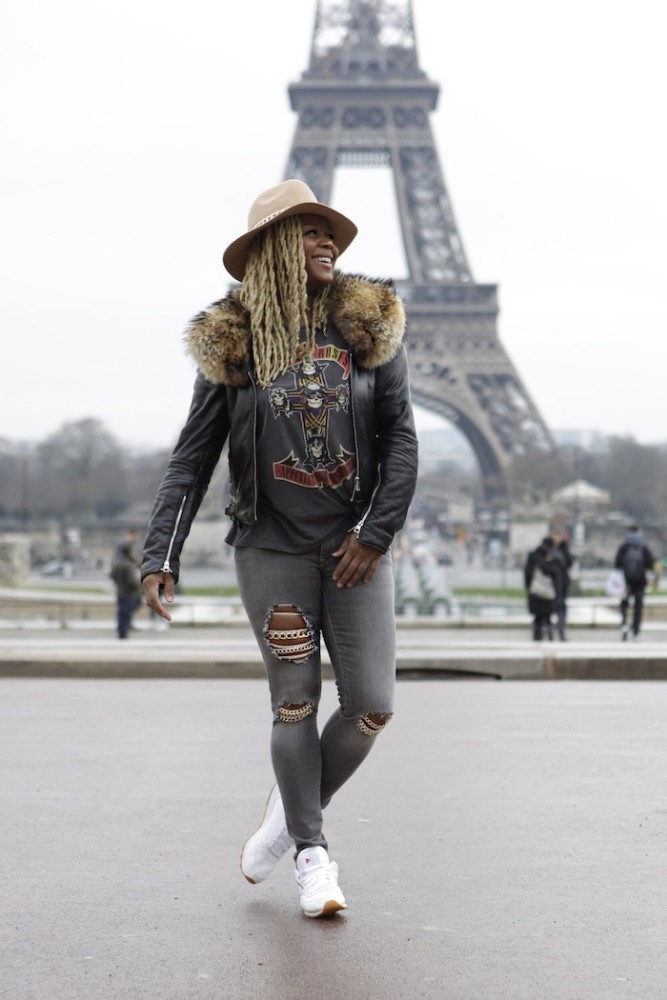 3  claire sulmers fashion bomb daily ashaka givens hat A La Belle Femme Fur and Leather Jacket, Topshop Guns N Roses Tee, Rayar Chain Detail Jeans, and Reebok Classics