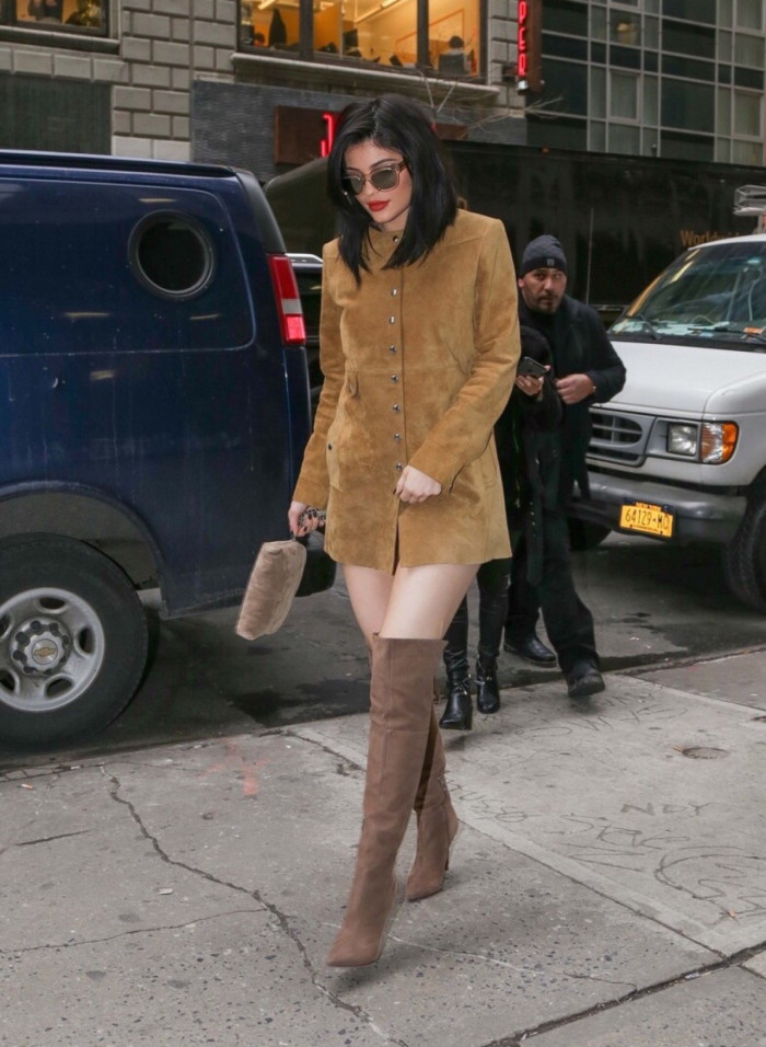 5 Kylie Jenner's Isabel Marant Suede Button Jacket Dress and Schutz Brown Over the Knee Boots