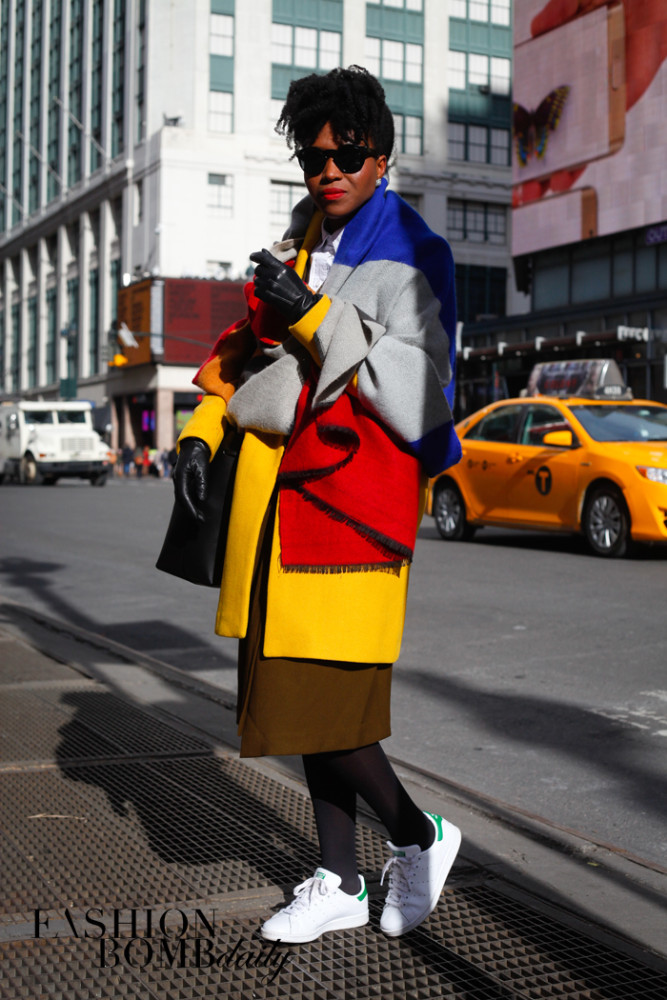 A colorblock coat uplifted a neutral outfit; Adidas kicks assured comfort. Image by Brandon Isralsky.