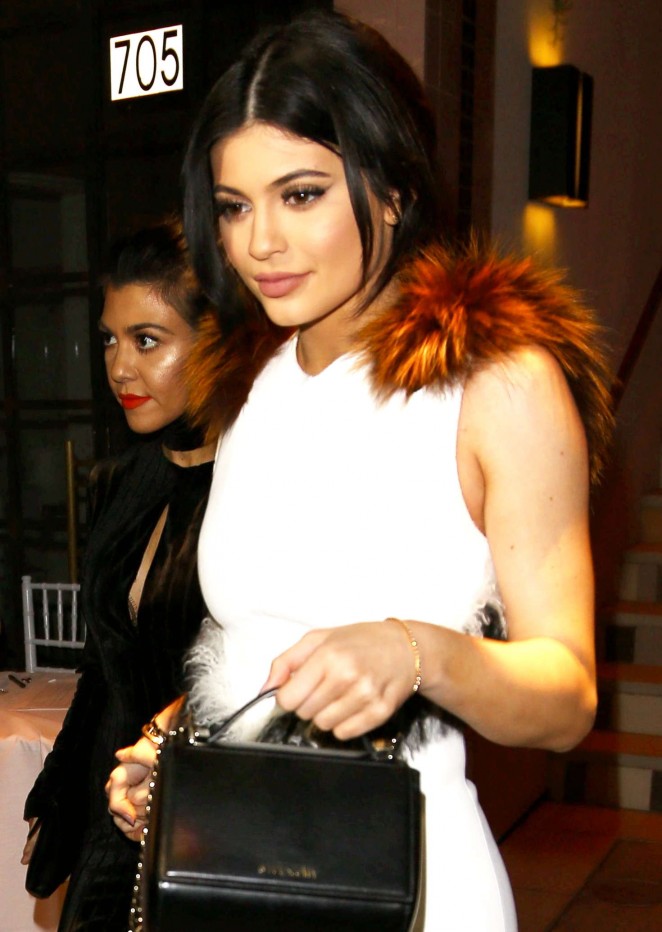 Hot! Or Hmm...- Kylie Jenner's Nine Zero One Salon Proenza Schouler Fox Fur Trimmed White Sleeveless Dress, Givenchy Black Pandora Box Bag And Gianvito Rossi Carlie White Double Strap Sandals-1