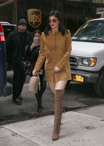 Kylie Jenner's Isabel Marant Suede Button Jacket Dress and Schutz Brown Over the Knee Boots