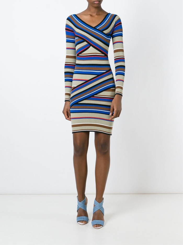 2 Shaunie O'Neal's MSGM Beige, Blue, and Red Off the Shoulder Striped Bandage Dress