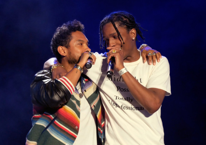 Men's Fashion-Flash-Coachella-Fashion-Miguel-in-Saint-Laurent-Multicolor-Striped-Bomber-Jacket-and-ASAP-Rocky-in-Midnight-Studios-posse-T-Shirt-1