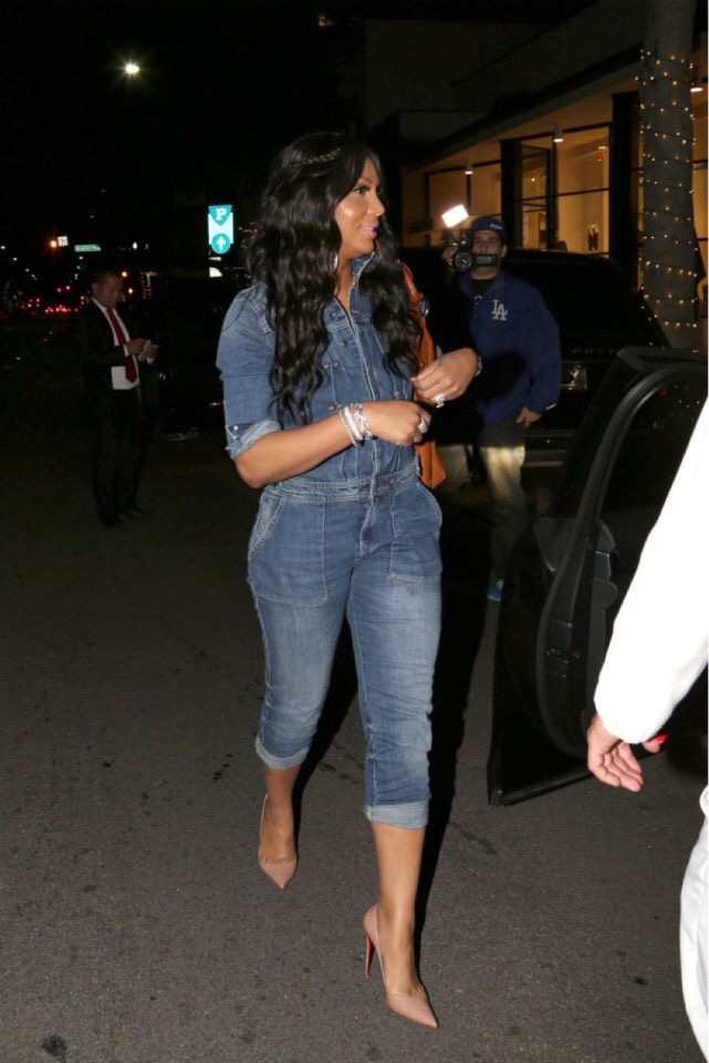 denim jumpsuit with heels