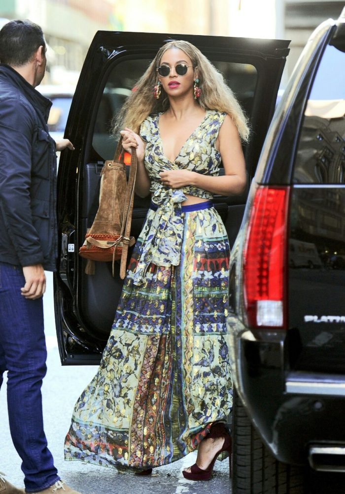 3 Beyonce's New York City Alberta Ferretti Printed Wrap Top, Green and Red Pattern Maxi Skirt, and Azzedine Alaia Sandals