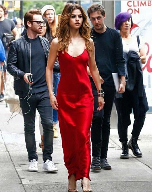 Selena Gomez's New York City Nili Lotan Red Cami Gown 3