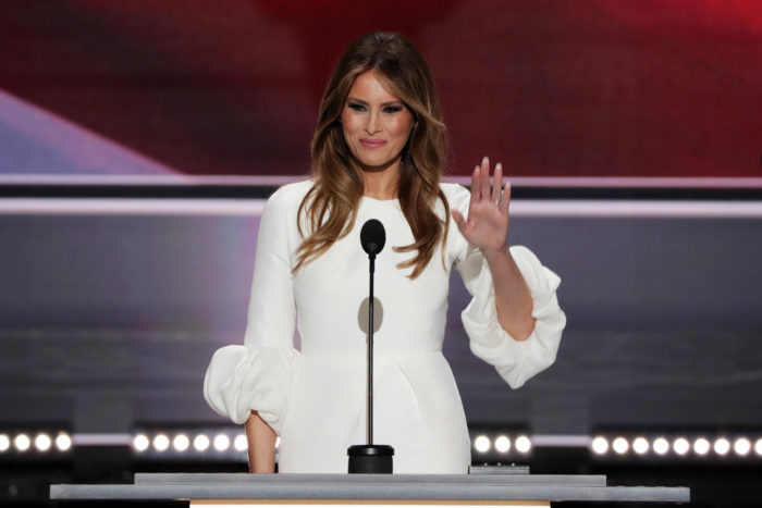 Melania Trump Plagiarizes First Lady Michelle Obama's Speech in Roksanda Ilincic's Dubois Silk and Cotton Blend Gown