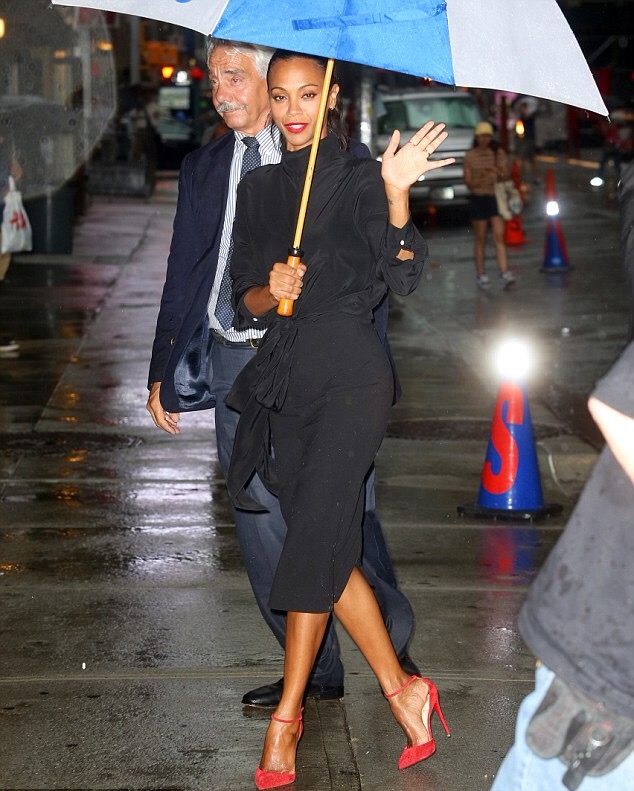 Zoe Saldana The Late Show Victoria Beckham Black Crepe de Chine Knot Blouse, Matching High Waisted Pencil Skirt, and Christian Louboutin 'Uptown' Red Ankle Strap Pumps 5