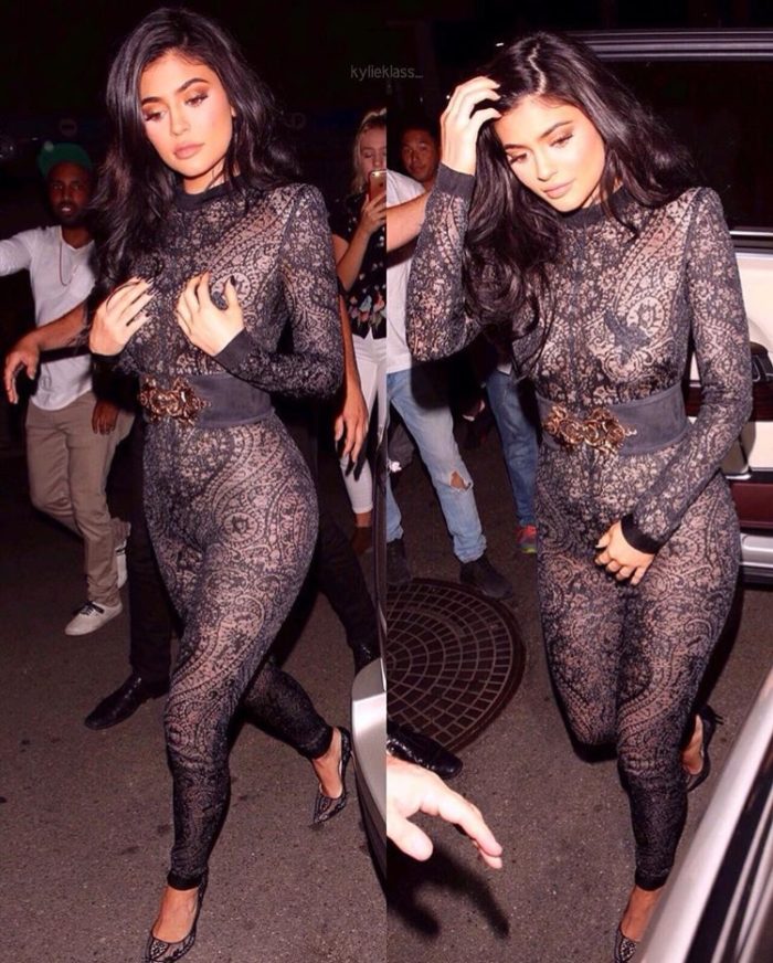 Kylie Jenner's Balmain Sheer Arabesque Jacquard Knit Jumpsuit