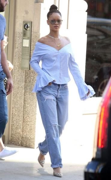 Rihanna-Jacquemus-striped-off-the-shoulder-top-and-rene-Caovilla-embellished-sling-back-pumps-1