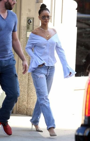 Rihanna-Jacquemus-striped-off-the-shoulder-top-and-rene-Caovilla-embellished-sling-back-pumps
