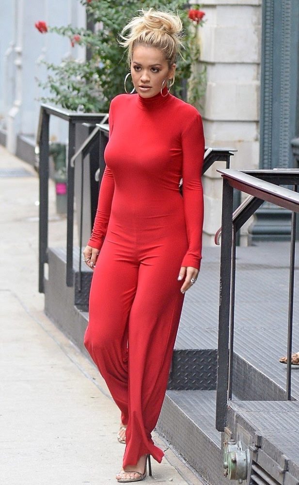 Rita Ora's New York City Norma Kamali Resort 2017 Red Turtleneck Jumpsuit 2