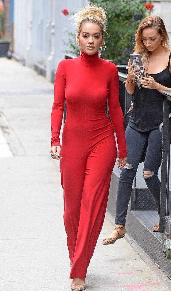 Rita Ora's New York City Norma Kamali Resort 2017 Red Turtleneck Jumpsuit 4