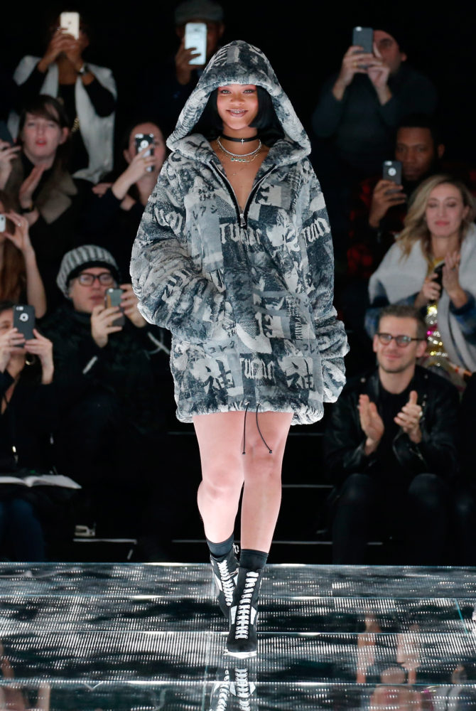 NEW YORK, NY - FEBRUARY 12: Rihanna walks the runway at the FENTY PUMA by Rihanna AW16 Collection during Fall 2016 New York Fashion Week at 23 Wall Street on February 12, 2016 in New York City. (Photo by JP Yim/Getty Images for FENTY PUMA)
