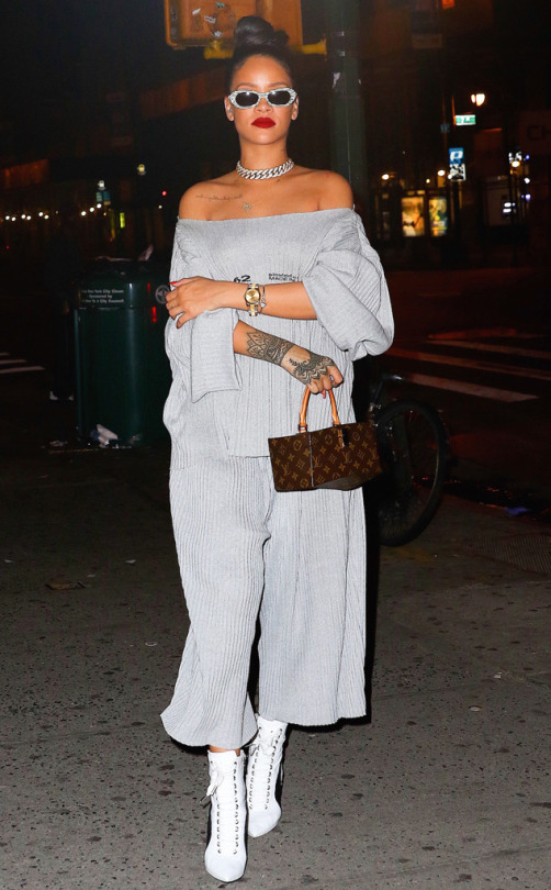 Rihanna Hits New York City in Manolo Blahnik x Rihanna Fur Boots, a Dries Van Noten Sweater and Pants, a Faustine Steinmetz Pleated Sweatshirt and Trackpants, and More!