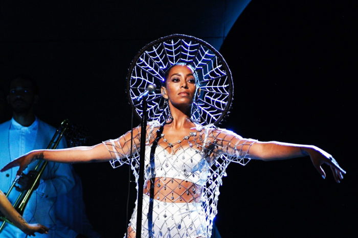 Solange Knowles Performs on Saturday Night Live in Erickson Beamon Custom Crystal Dress and Earrings