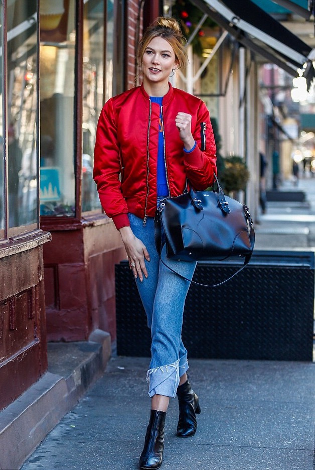 karlie-kloss-nyc-unravel-fwrd-exclusive-red-bomber-jacket-and-by-far-neva-frontal-zip-black-ankle-boots-4