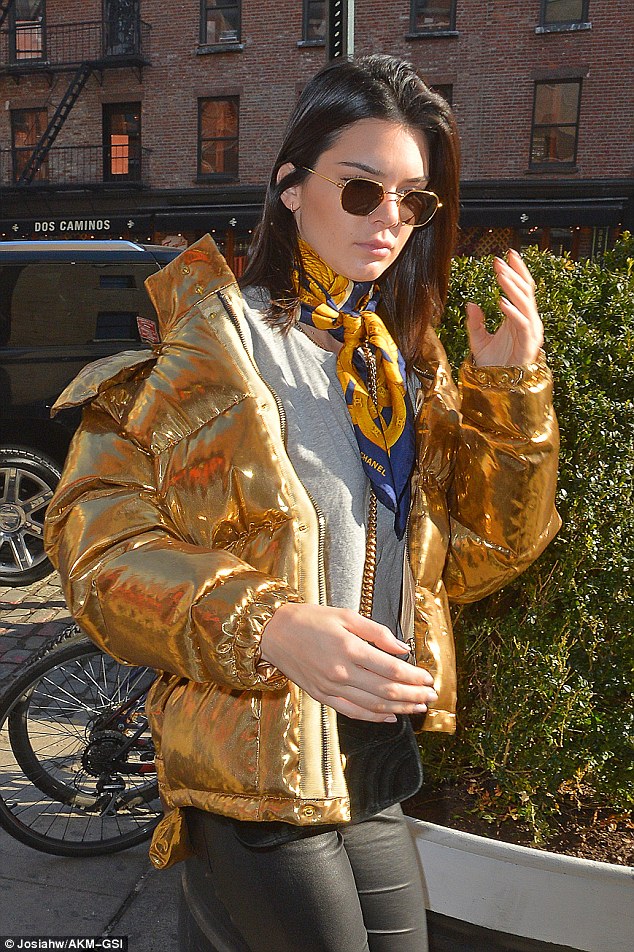 jacket kendall jenner metallic nyc puffer down nylon quilted 1961 ports splurge covered celebrity daily bomb dailymail wear wears mail