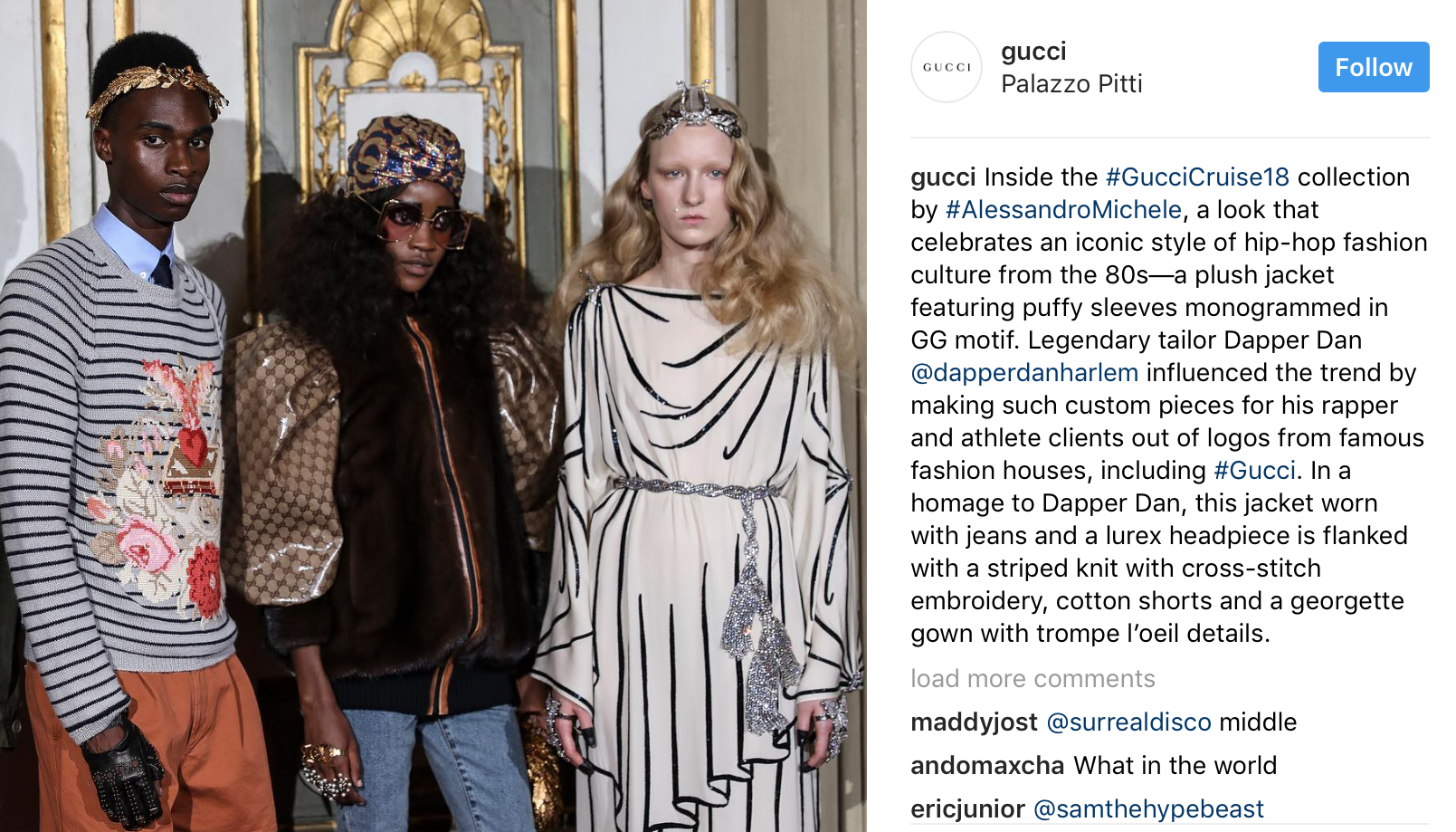 Gucci Cruise Collection Look Compared to Vintage Dapper Dan Design