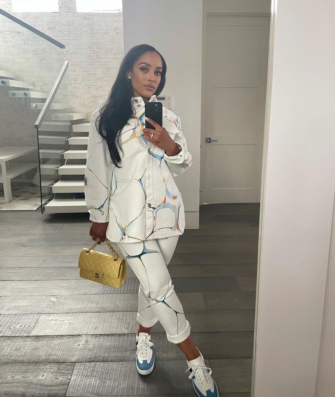 6 Joie Chavis Celebrates Easter in Stella McCartney White Printed Jacket and Pants Set and Hermes Boomerang Sneakers