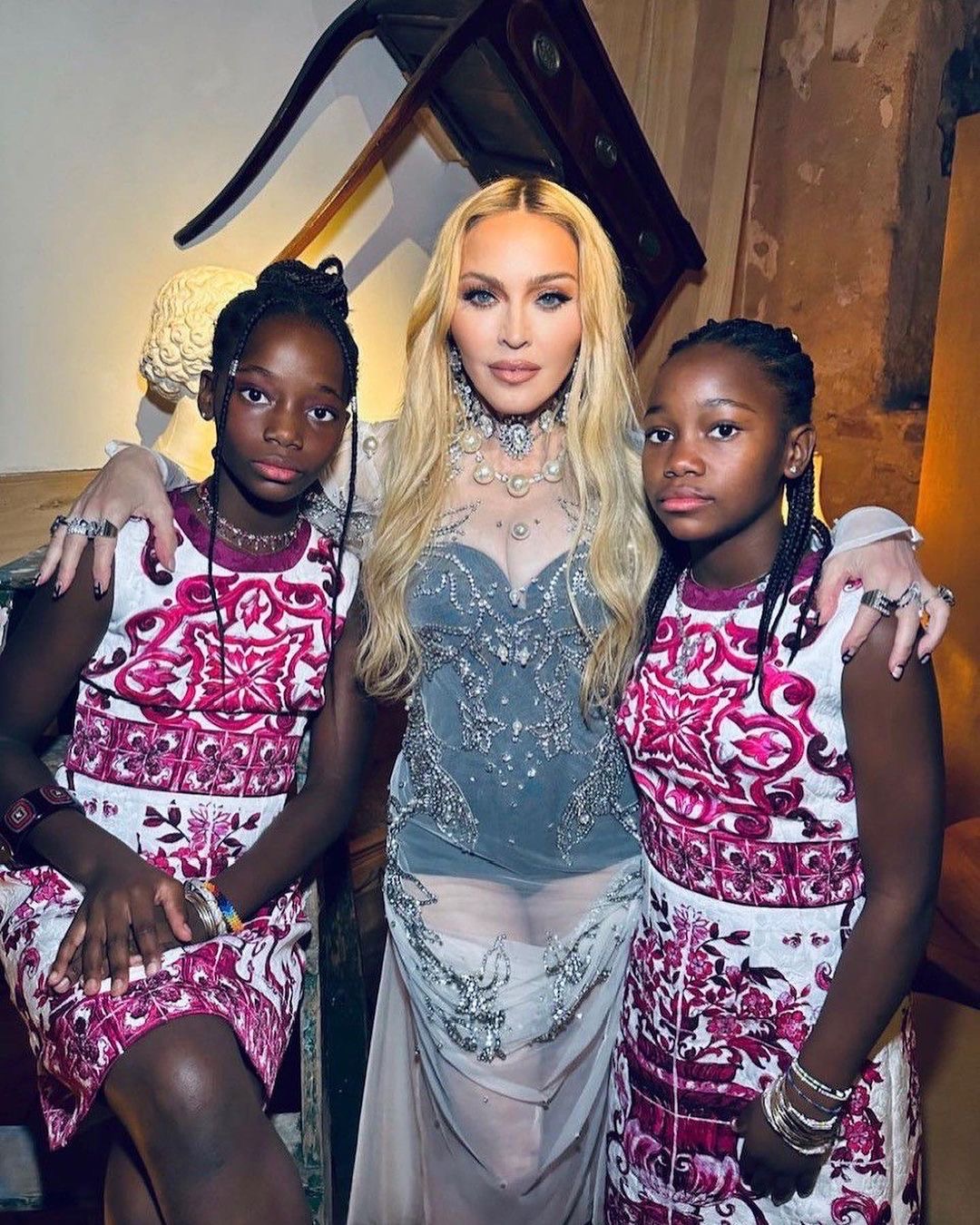 The Queen of Pop Madonna Celebrates Her 65th Birthday with Daughters Stella and Estere in Matching Dolce & Gabbana Majolica Prints