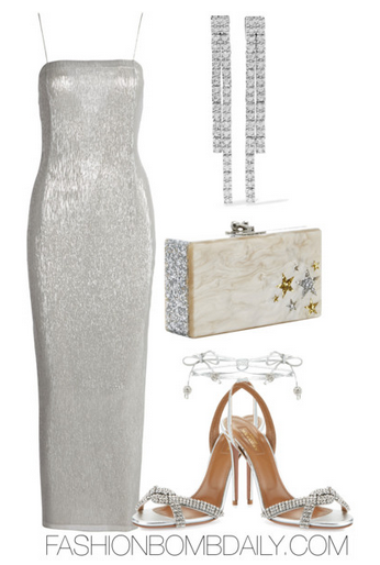 Summer 2016 Style Inspiration Art For Life Gala Adam Lippes Sleeveless Metallic Column Gown Aquazzura Dazzling Crystal Ankle-Wrap Sandal Edie Parker Jean Star Cluster Rectangular Box Clutch