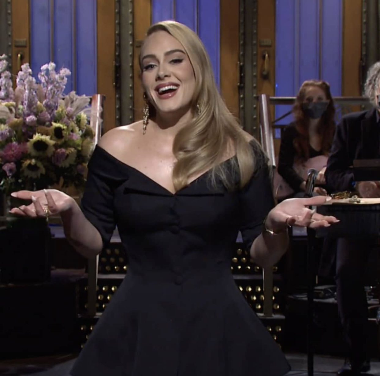 Adele Hosted Saturday Night Live in Valentino FW19 Undercover Print  Jumpsuit, Brock Collection 'Rohtak' Off-the-Shoulder Wool Jacket, and Acne  Studios Gradient Velvet Shirt and Pants - Fashion Bomb Daily