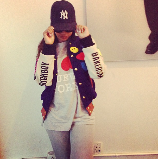 Lala Anthony's Instagram Joyrich LA Dee & Ricky Varsity Jacket and 3.1 Phillip Lim I Love Nueva York Tank