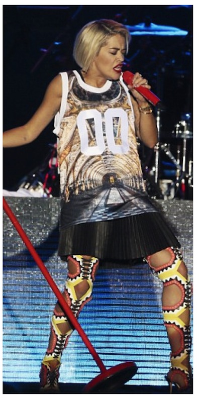 2 Rita Ora's The Sundown Festival The Jersey Series Jersey, Pleated Skirt, and Sophia Webster Fall 2013 Lace Up Thigh High Boots copy
