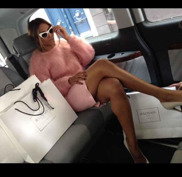 Ciara's Instagram Doriane Van Overeem Pink Mohair Sweater, Topshop Skirt, Gianvitto Rossi White Pumps, and Miu Miu White Sunglasses