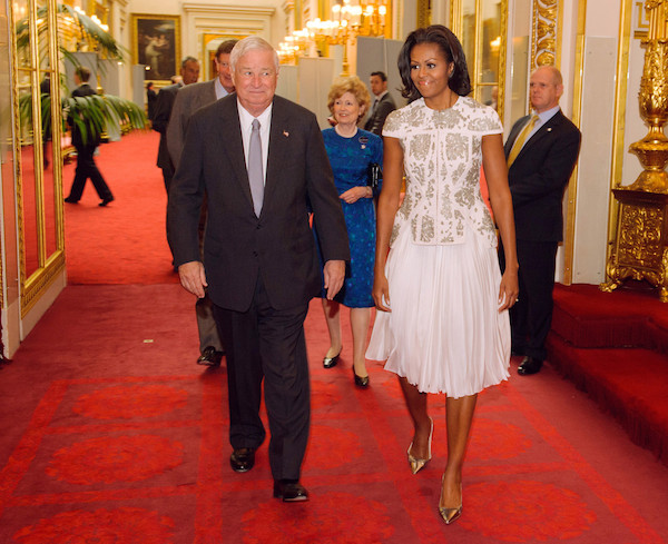 First Lady Michelle Obama's J. Mendel Resort 2013 Embroidered Cap Sleeve Jacket and White Chiffon Skirt buckingham