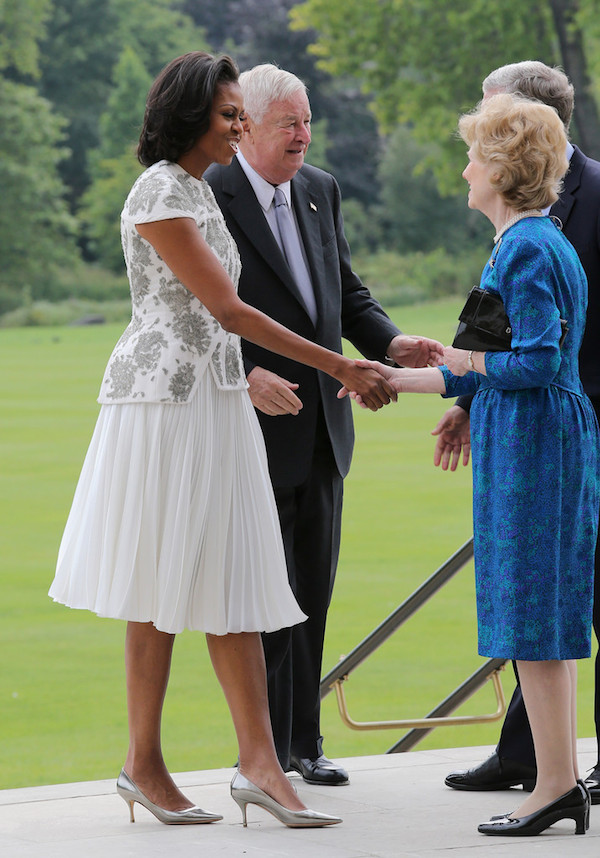 First Lady Michelle Obama's J. Mendel Resort 2013 Embroidered Cap Sleeve Jacket and White Chiffon Skirt