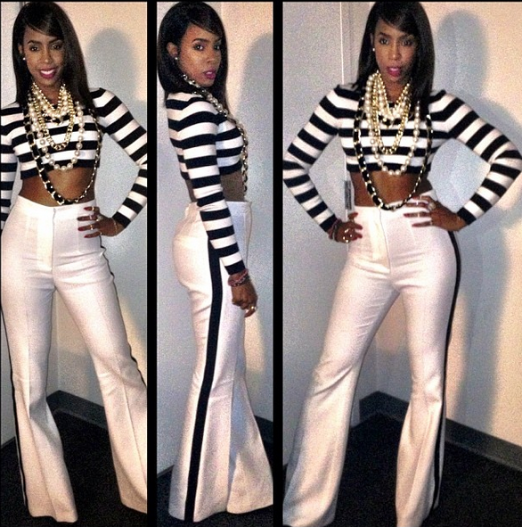 Kelly-Rowland-X-Factor-Michael-Kors-Black-and-White-Striped-Cropped-Top-and-White-White-Leg-Trousers