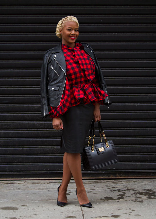 A Demestiks by Reuel Reuel Naomi Red and Black Checked Shirt, Zara Leather Skirt, and Chanel Boy Toteclaire sulmers fashion bomb daily