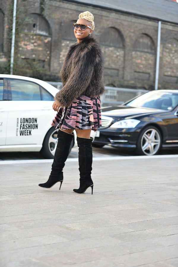 London Fall 2014 Fashion Week Day 1 claire sulmers mcq by alexander mcqueen dress balmain thigh high boots duckie confetti fur zebra david nyanzi 00