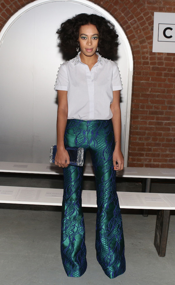 Solange Knowles's Wes Gordon Fall 2014 Show Acanthus Green Lapis Filigree Brocade Flare Pants