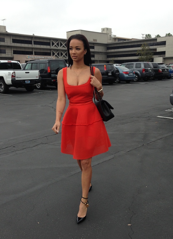 Draya Michele's Access Hollywood Maje Red Honeycomb Dress and Tom Ford Padlock Pumps