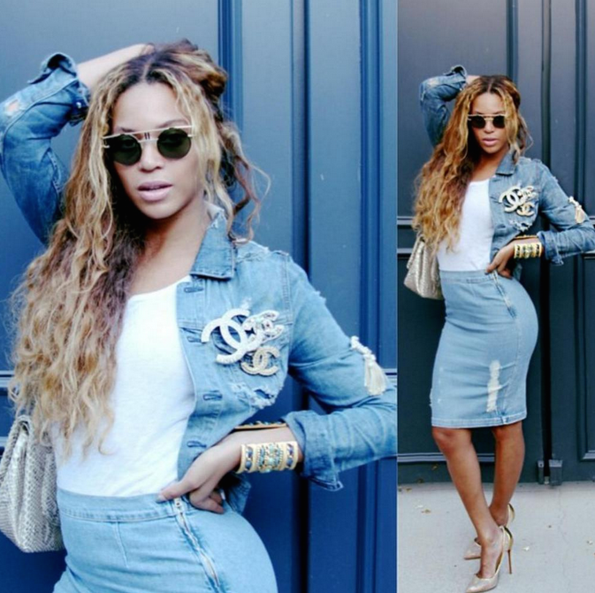 Beyonce's Instagram Cazal Round Sunglasses and Frame Distressed Denim Skirt