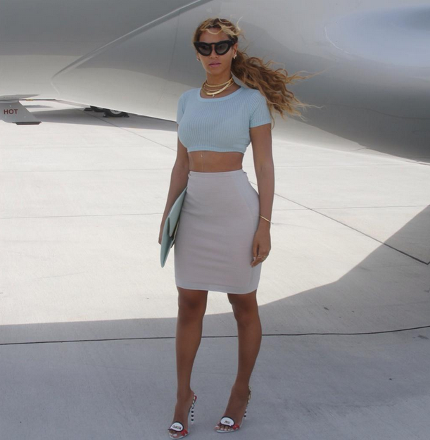 Beyonce's Instagram Topshop Blue Ribbed Crop Tee, Pencil Skirt, and Sophia Webster Sweet Talk Sandals