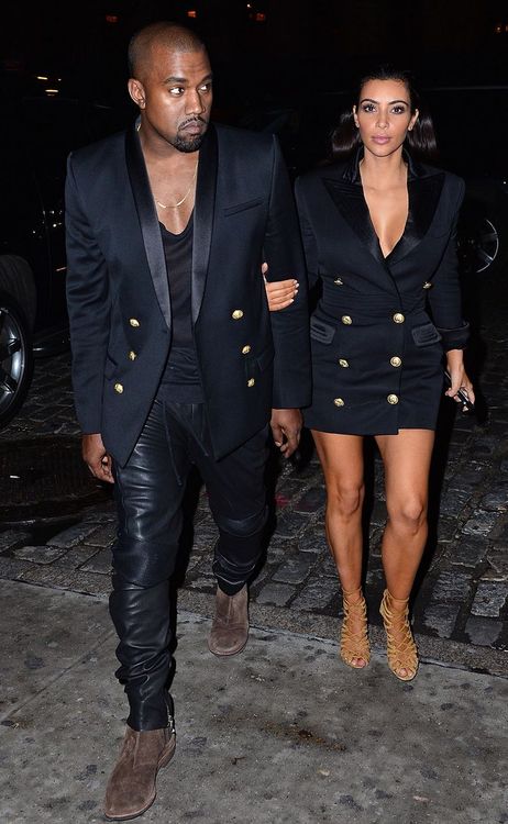 2 Kim Kardashian's New York City Balmain Double Breasted Dress + Kanye West Balmain Gold Buttoned Blazer