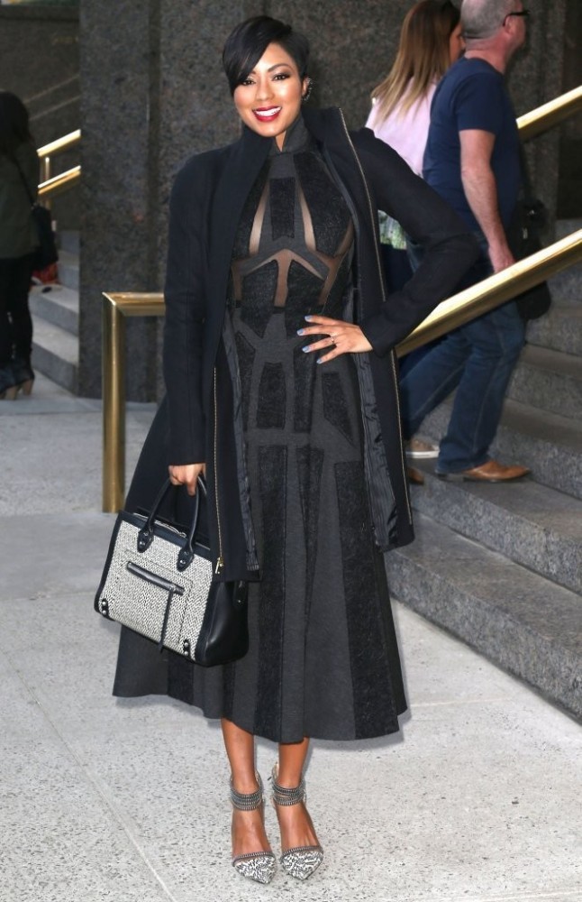 6 Alicia Quarles's New York City Donna Karan Black Sleeveless Artisan Applique Sheer Dress and L.A.M.B Fernley Gray Heels