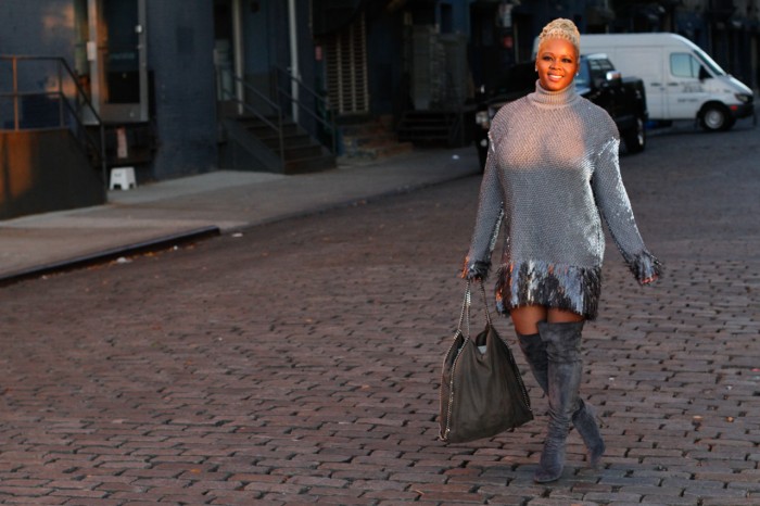 7  claire sulmers fashion bomb daily A McQ by Alexander McQueen Gray Paillette Embellished Sweater Dress, Gianvito Rossi Suede Thigh High Boots, and a Stella McCartney Falabella Bag