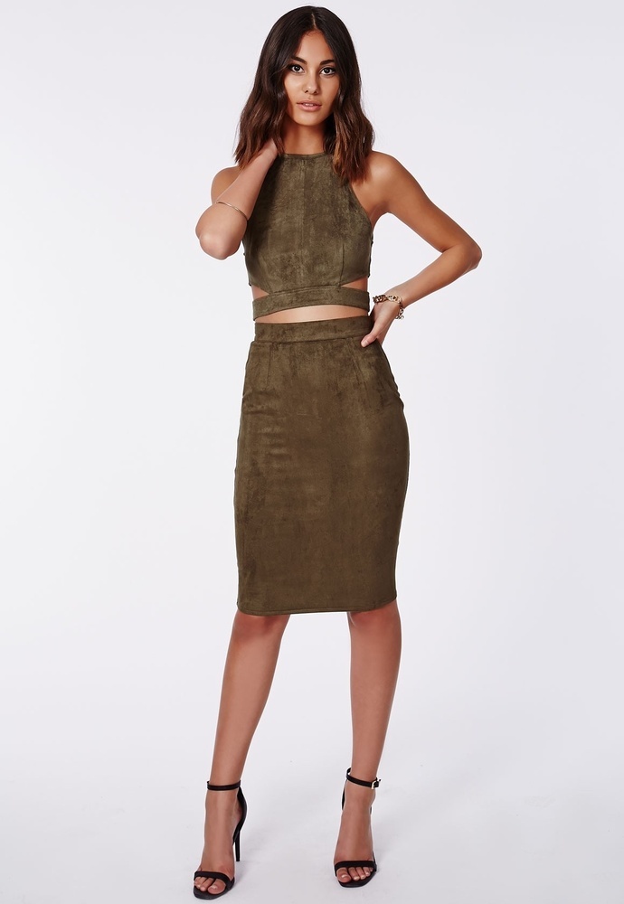 8 Draya Michele's London Zenaba Nabi Cut Out Olive Green Suede Crop Top and Matching Skirt