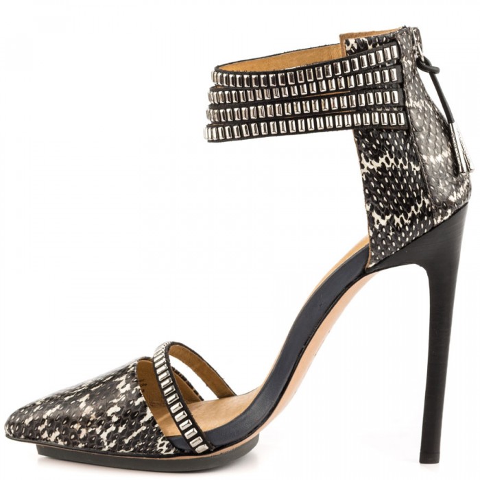Alicia Quarles's New York City Donna Karan Black Sleeveless Artisan Applique Sheer Dress and L.A.M.B Fernley Gray Heels