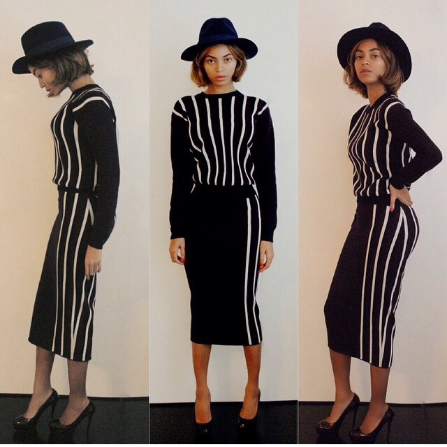 Beyonce's Joseph Geometric Black and White Striped Sweater and Matching Skirt